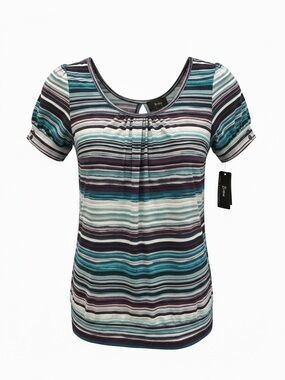 B-Wear Striped Scoop-Neck Short Sleeve Hobo Top in Teal, Purple Cream SZ L NWT